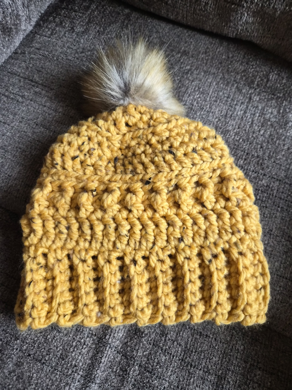 Gold with Black Flecks Crochet Pom Beanie Hat - Women Accessories
